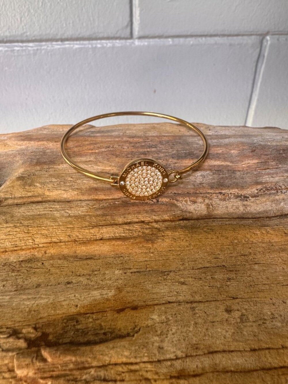 Michael Kors Gold Tone Pavé Crystal Logo Medallion Hinged Bangle Bracelet - Picture 7 of 7